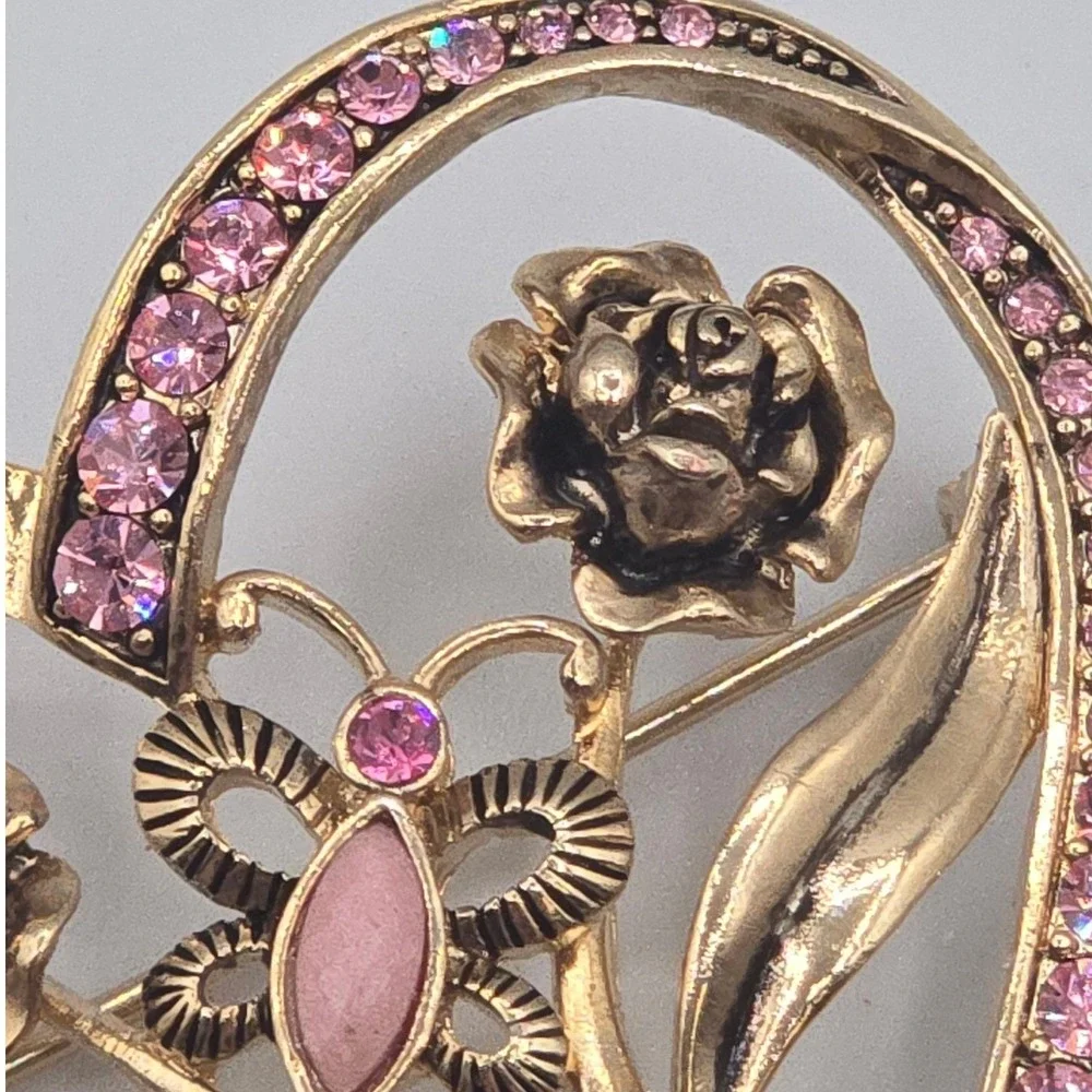 Vintage Rhinestone Brooch Set of‎ 2 Gold Tone Pink Heart Floral Butterfly Pins
